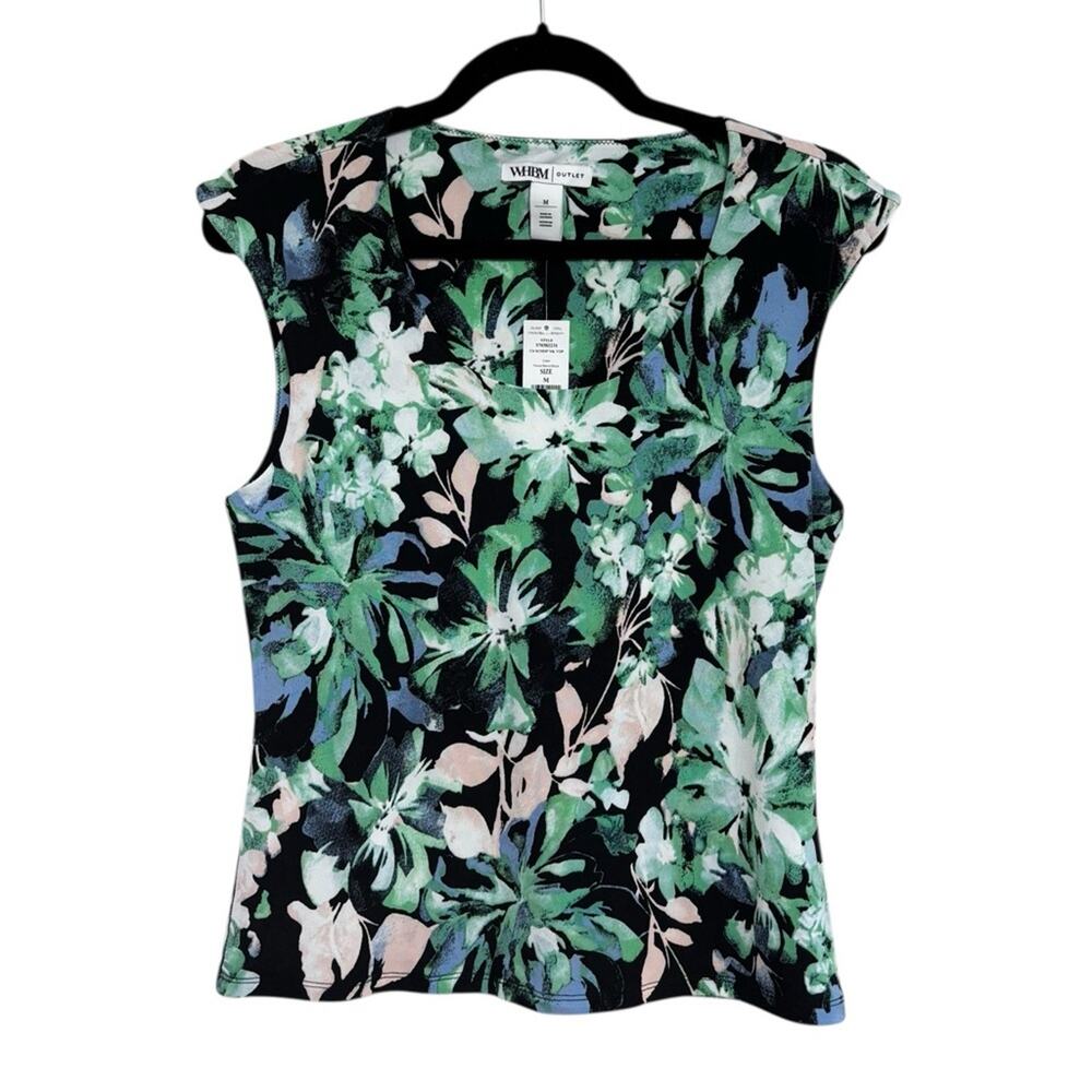 NEW WHBM Outlet Scoop Neck Stretchy Sleeveless Blouse in Green Floral - Size M